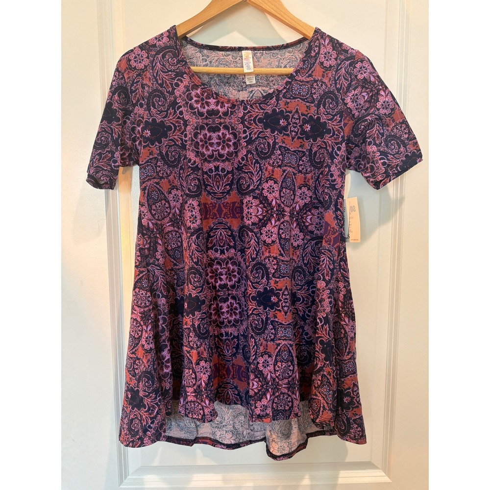 LuLaRoe Perfect T Top XXS Purple Pink Paisley Medallion Short Sleeve Tunic NWT